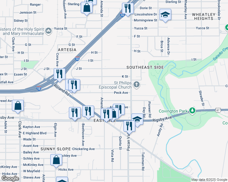 map of restaurants, bars, coffee shops, grocery stores, and more near 1739 Peck Avenue in San Antonio