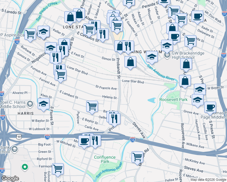 map of restaurants, bars, coffee shops, grocery stores, and more near 366 Saint Francis Avenue in San Antonio
