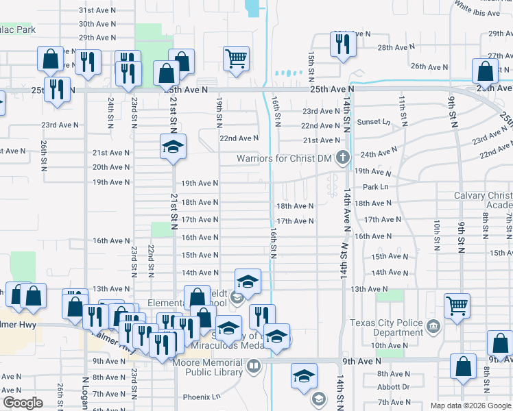 map of restaurants, bars, coffee shops, grocery stores, and more near 1613 18th Avenue North in Texas City