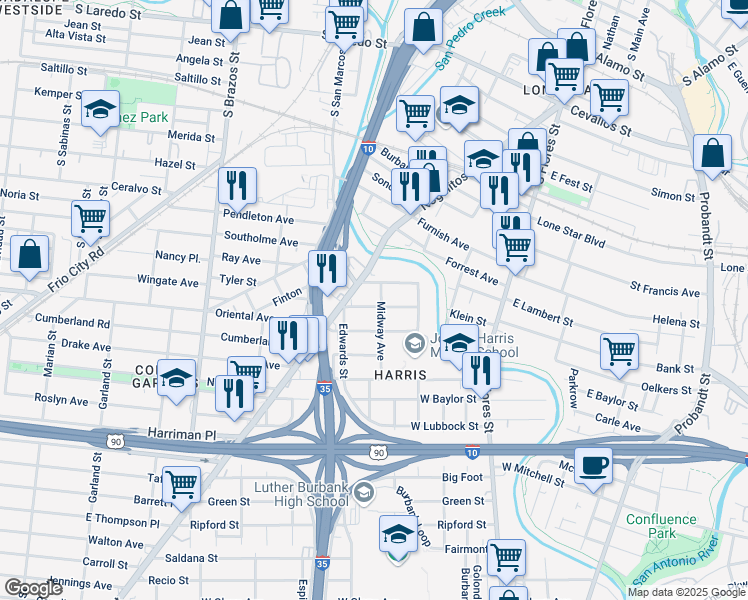 map of restaurants, bars, coffee shops, grocery stores, and more near 210 Alvarez Place in San Antonio