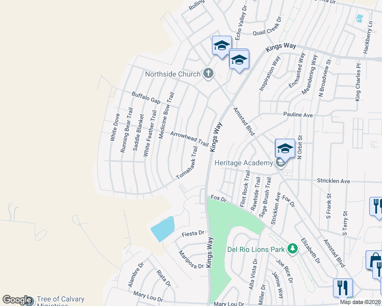 map of restaurants, bars, coffee shops, grocery stores, and more near 207 Tomahawk Trail in Del Rio