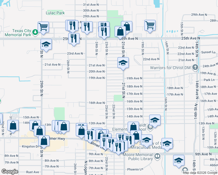 map of restaurants, bars, coffee shops, grocery stores, and more near 2217 18th Avenue North in Texas City
