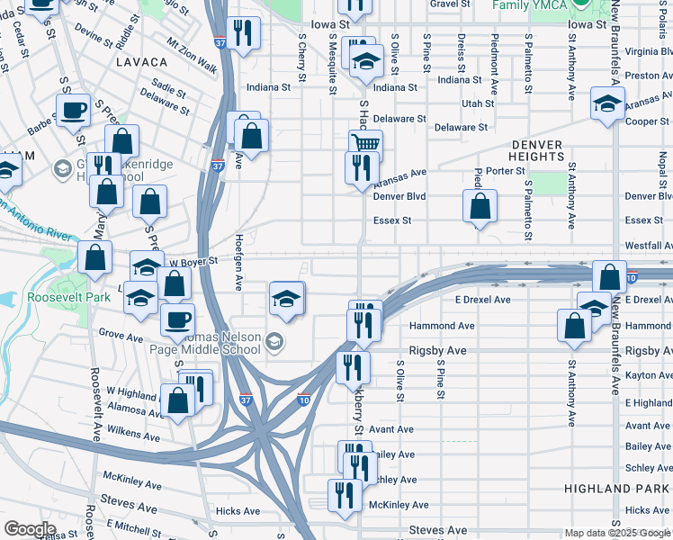 map of restaurants, bars, coffee shops, grocery stores, and more near 218 West High Avenue in San Antonio
