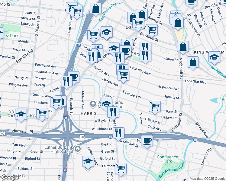 map of restaurants, bars, coffee shops, grocery stores, and more near 110 Benava Street in San Antonio