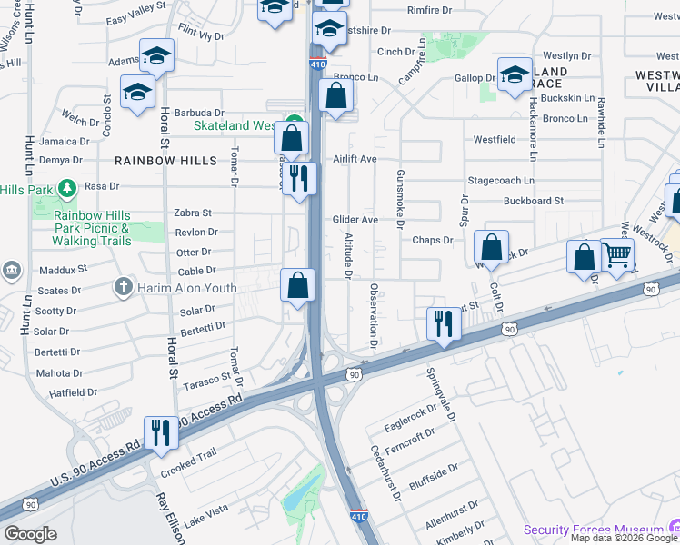 map of restaurants, bars, coffee shops, grocery stores, and more near 2802 Southwest Loop 410 in San Antonio