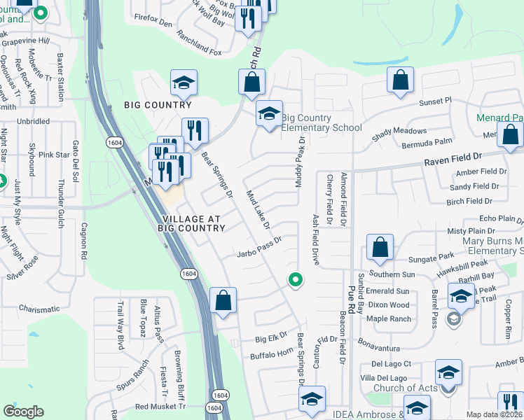map of restaurants, bars, coffee shops, grocery stores, and more near 2606 Mud Lake Drive in San Antonio