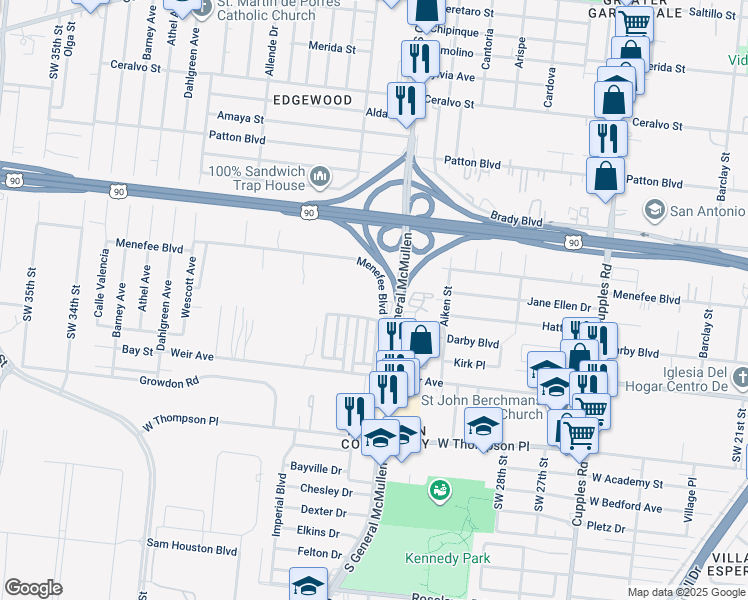 map of restaurants, bars, coffee shops, grocery stores, and more near 1322 Menefee Boulevard in San Antonio