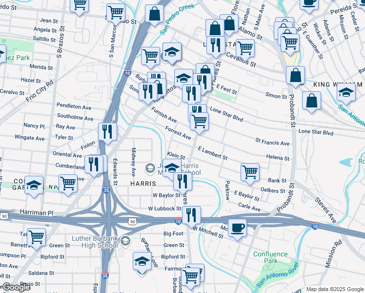 map of restaurants, bars, coffee shops, grocery stores, and more near 110 Benava Street in San Antonio
