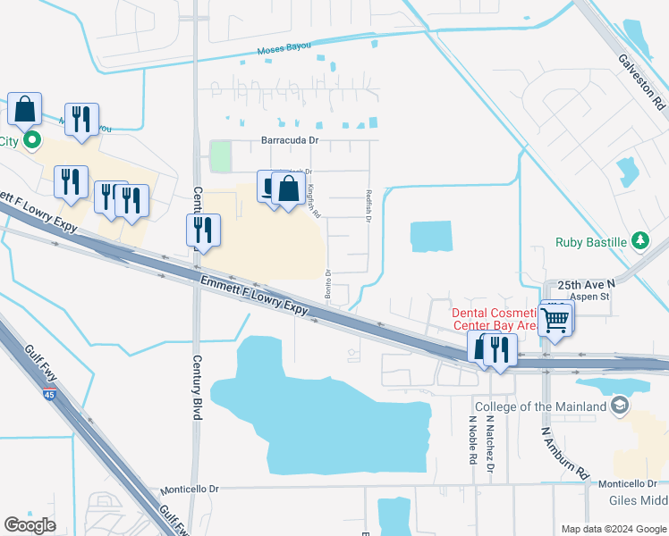 map of restaurants, bars, coffee shops, grocery stores, and more near 9210 Blue Crab Drive in Texas City