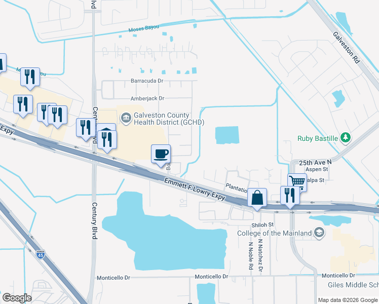 map of restaurants, bars, coffee shops, grocery stores, and more near 1904 Redfish Drive in Texas City