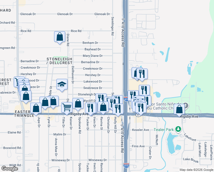 map of restaurants, bars, coffee shops, grocery stores, and more near 5038 Seabreeze Drive in San Antonio