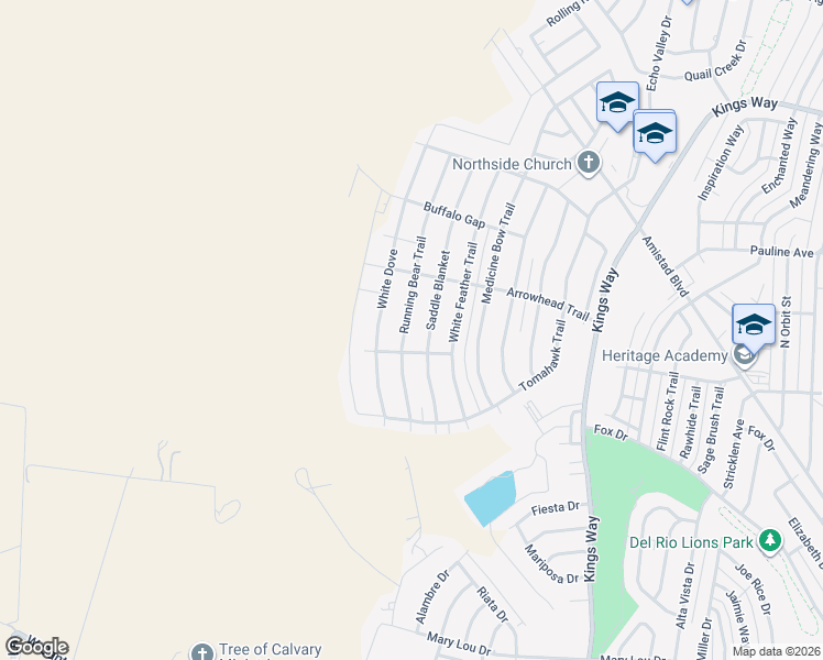 map of restaurants, bars, coffee shops, grocery stores, and more near 216 Running Bear Trail in Del Rio