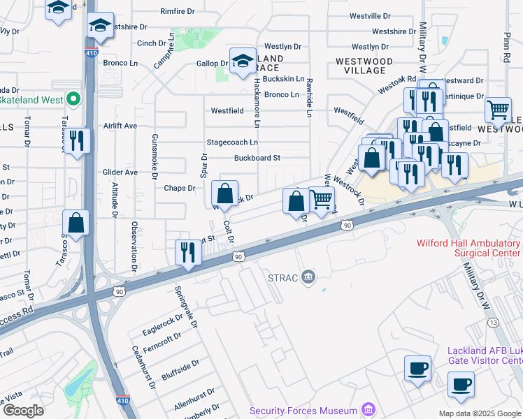 map of restaurants, bars, coffee shops, grocery stores, and more near 226 South Plaza in San Antonio