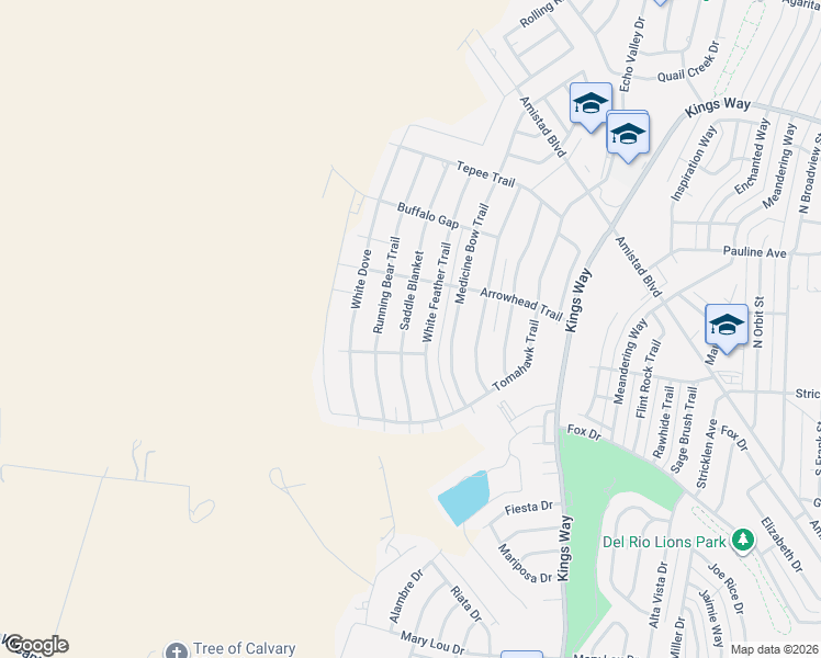 map of restaurants, bars, coffee shops, grocery stores, and more near 215 White Feather Trail in Del Rio