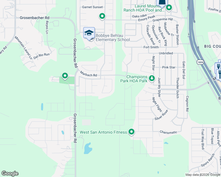 map of restaurants, bars, coffee shops, grocery stores, and more near 2858 Lindenwood Run in San Antonio