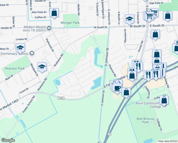 map of restaurants, bars, coffee shops, grocery stores, and more near 1195 Stallion Ridge in Alvin