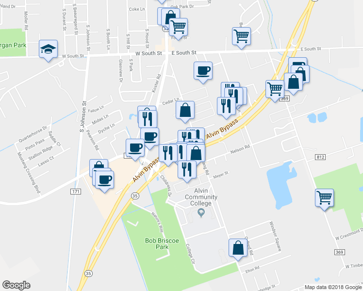 map of restaurants, bars, coffee shops, grocery stores, and more near 2432 South Loop Highway 35 in Alvin
