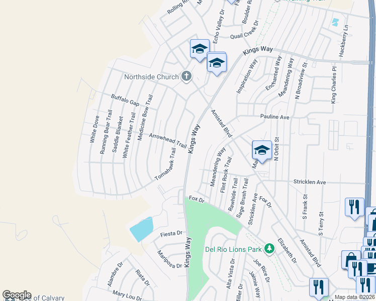 map of restaurants, bars, coffee shops, grocery stores, and more near 901 Kings Way in Del Rio