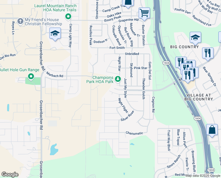 map of restaurants, bars, coffee shops, grocery stores, and more near 11255 War Emblem in San Antonio