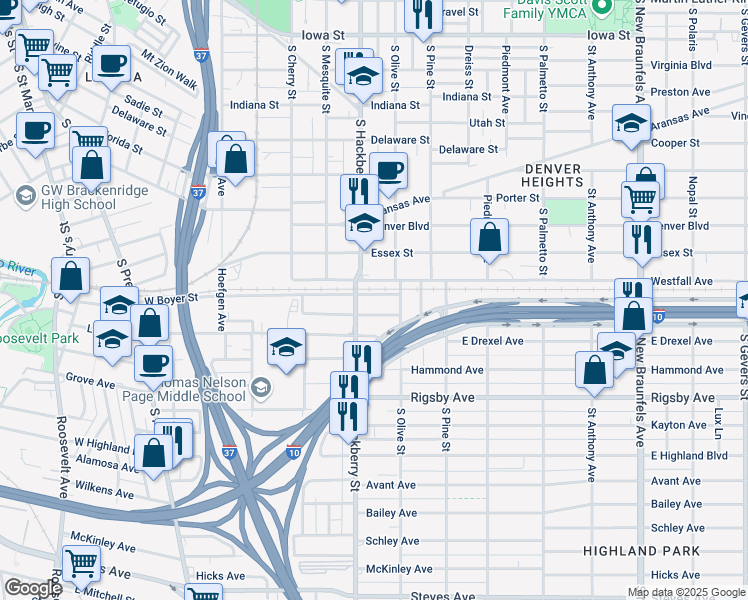 map of restaurants, bars, coffee shops, grocery stores, and more near 134 East High Avenue in San Antonio