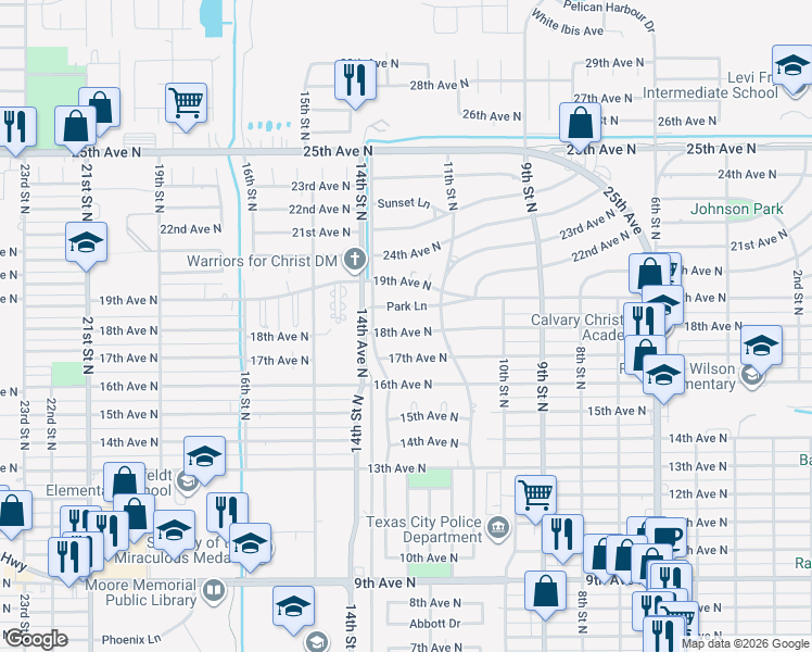map of restaurants, bars, coffee shops, grocery stores, and more near 1129 18th Avenue North in Texas City