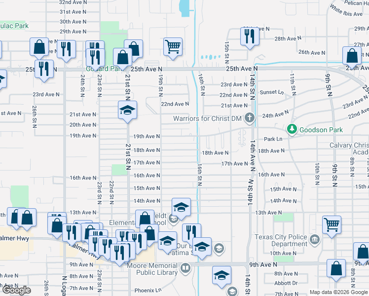 map of restaurants, bars, coffee shops, grocery stores, and more near 1613 18th Avenue North in Texas City
