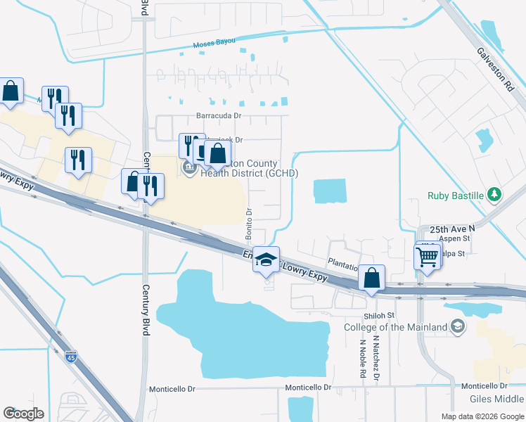 map of restaurants, bars, coffee shops, grocery stores, and more near 9115 Blue Crab Drive in Texas City