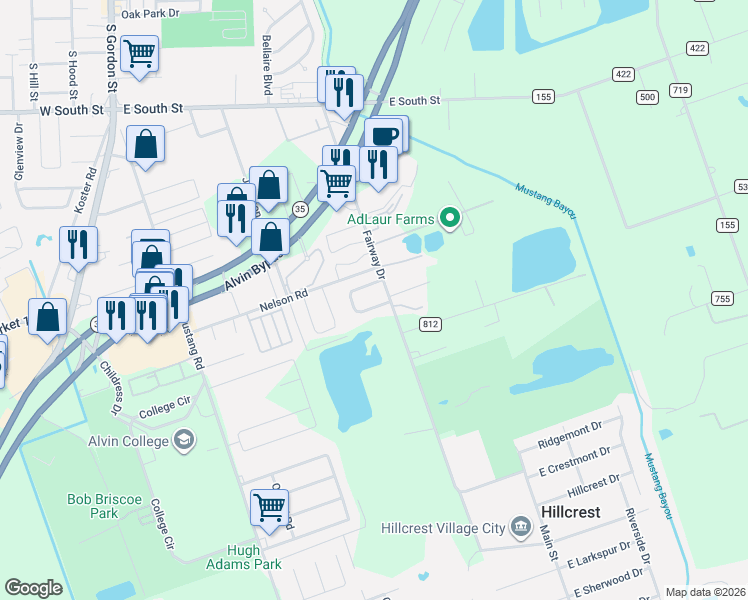 map of restaurants, bars, coffee shops, grocery stores, and more near 2616 Fairway Drive in Alvin