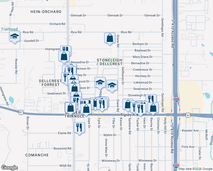 map of restaurants, bars, coffee shops, grocery stores, and more near 4806 Seabreeze Drive in San Antonio