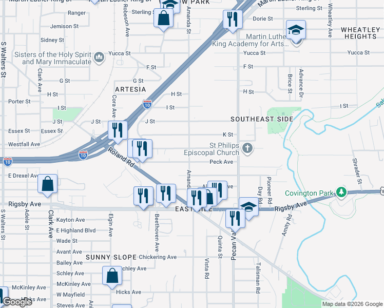 map of restaurants, bars, coffee shops, grocery stores, and more near 1714 Peck Avenue in San Antonio