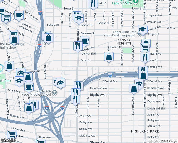map of restaurants, bars, coffee shops, grocery stores, and more near 134 East High Avenue in San Antonio