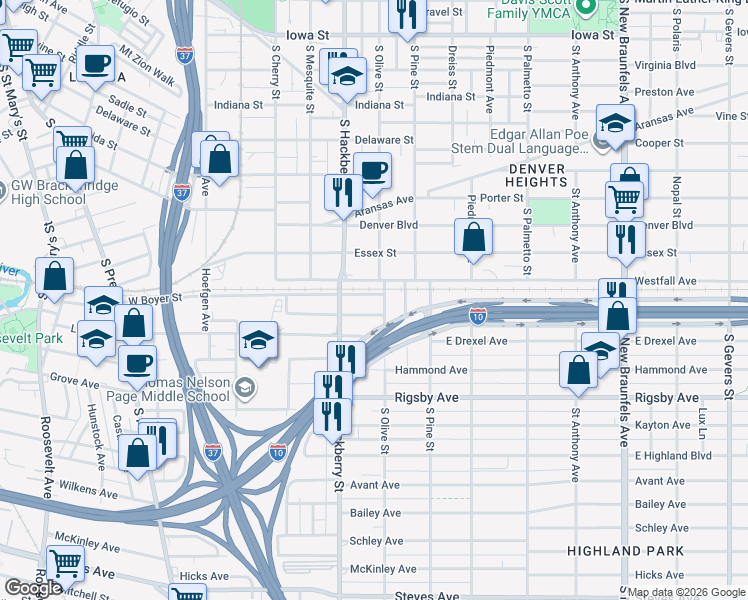 map of restaurants, bars, coffee shops, grocery stores, and more near 134 East High Avenue in San Antonio