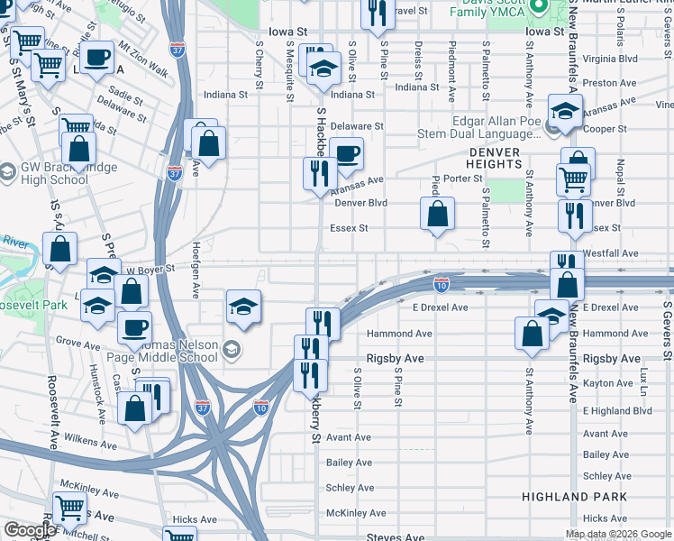 map of restaurants, bars, coffee shops, grocery stores, and more near 134 East High Avenue in San Antonio