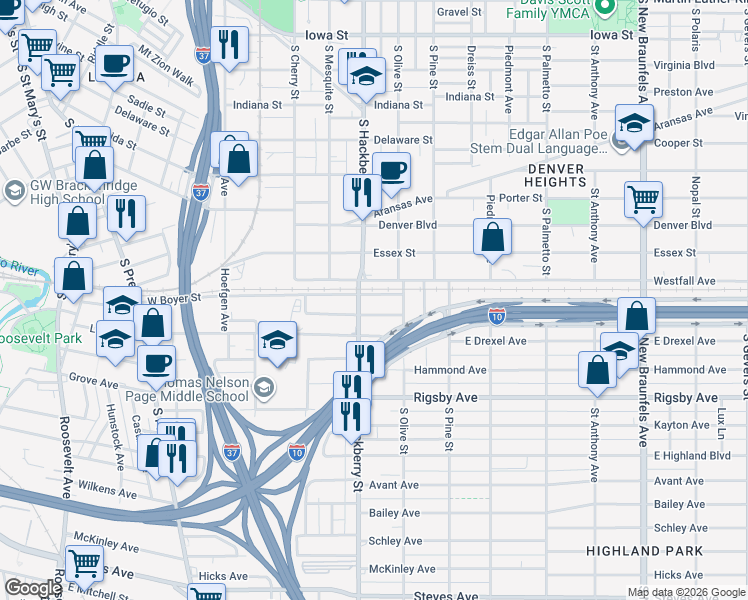 map of restaurants, bars, coffee shops, grocery stores, and more near in San Antonio