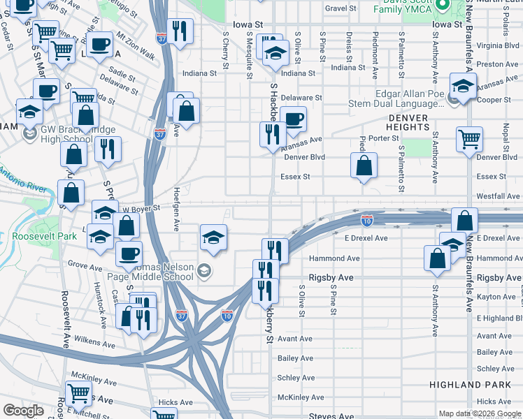 map of restaurants, bars, coffee shops, grocery stores, and more near in San Antonio