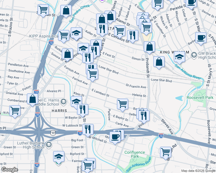 map of restaurants, bars, coffee shops, grocery stores, and more near 210 Helena Street in San Antonio