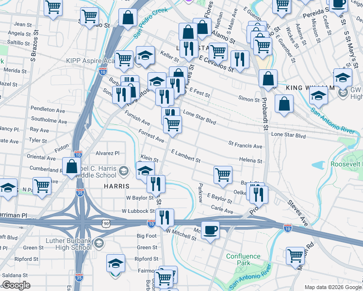 map of restaurants, bars, coffee shops, grocery stores, and more near 143 East Lambert Street in San Antonio
