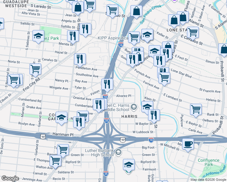 map of restaurants, bars, coffee shops, grocery stores, and more near 1221 Nogalitos Street in San Antonio