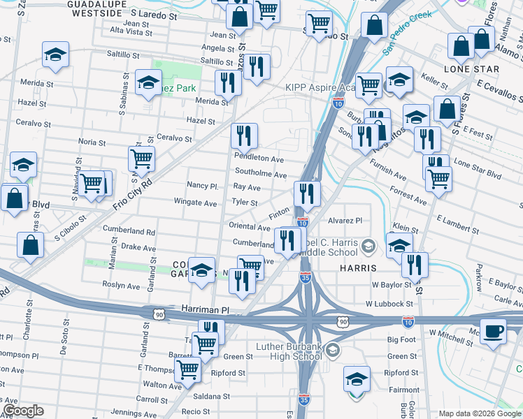map of restaurants, bars, coffee shops, grocery stores, and more near 163 Oriental Avenue in San Antonio