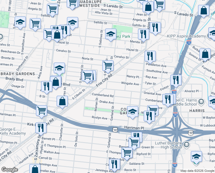 map of restaurants, bars, coffee shops, grocery stores, and more near 522 Oriental Avenue in San Antonio