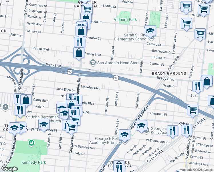 map of restaurants, bars, coffee shops, grocery stores, and more near 1506 Barclay Street in San Antonio