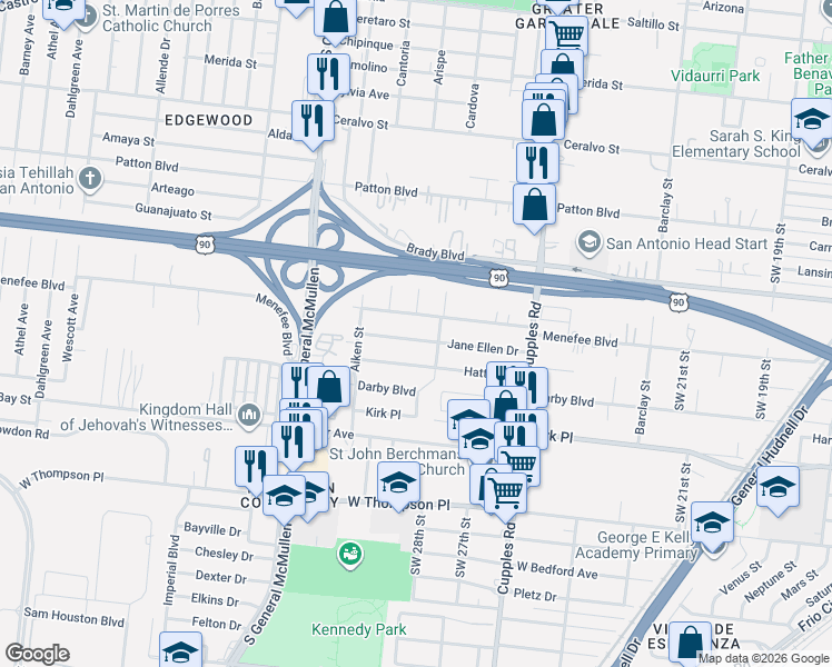 map of restaurants, bars, coffee shops, grocery stores, and more near 3114 Jane Ellen Street in San Antonio