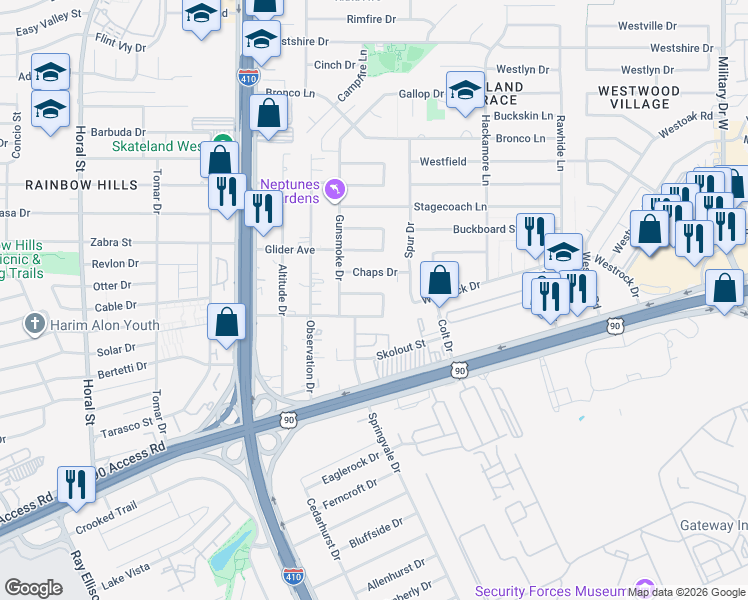 map of restaurants, bars, coffee shops, grocery stores, and more near 7827 Landing Avenue in San Antonio