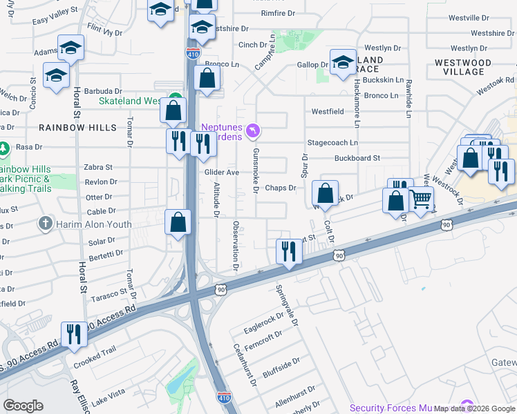 map of restaurants, bars, coffee shops, grocery stores, and more near 2723 Gunsmoke Drive in San Antonio