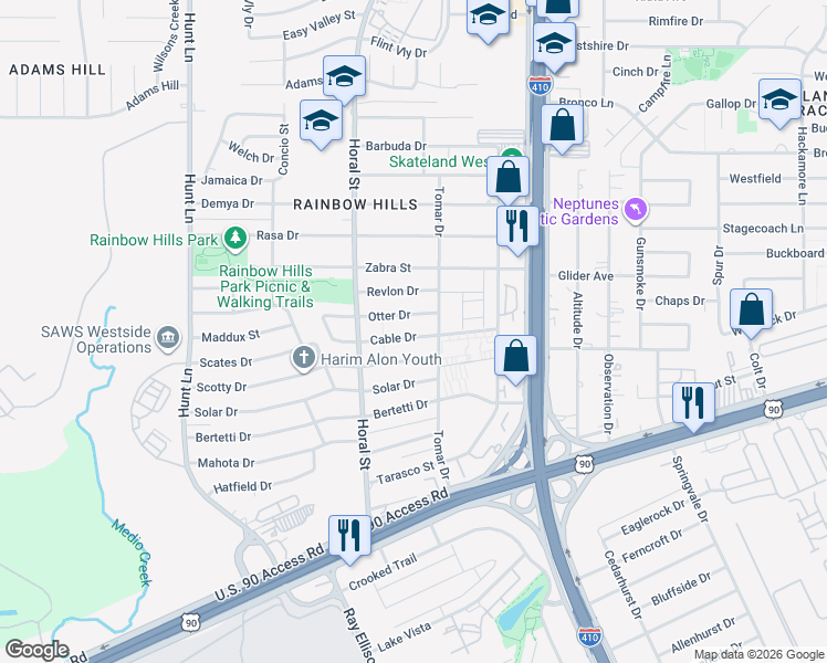 map of restaurants, bars, coffee shops, grocery stores, and more near 326 Cable Drive in San Antonio