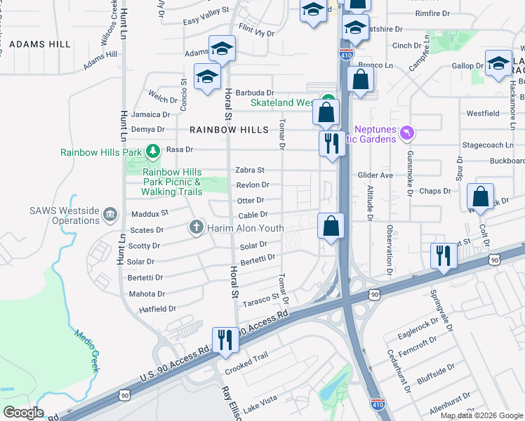 map of restaurants, bars, coffee shops, grocery stores, and more near 326 Cable Drive in San Antonio