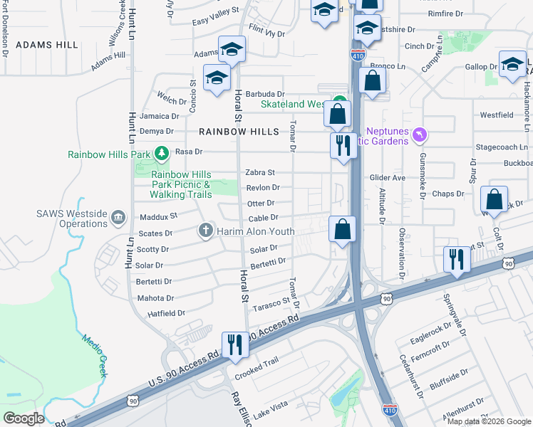 map of restaurants, bars, coffee shops, grocery stores, and more near 326 Cable Drive in San Antonio