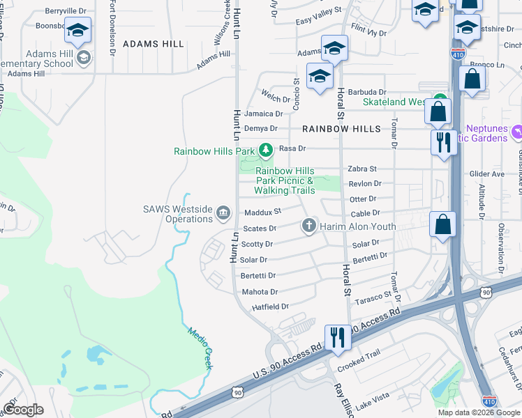 map of restaurants, bars, coffee shops, grocery stores, and more near 506 Maddux Street in San Antonio