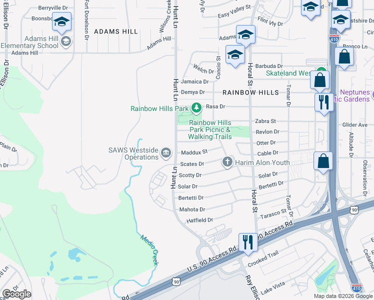map of restaurants, bars, coffee shops, grocery stores, and more near 542 Maddux Street in San Antonio