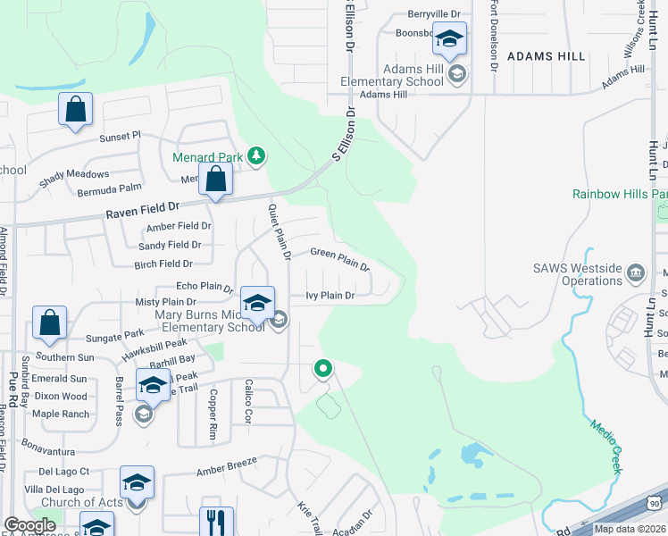 map of restaurants, bars, coffee shops, grocery stores, and more near 2930 Broad Plain Drive in San Antonio